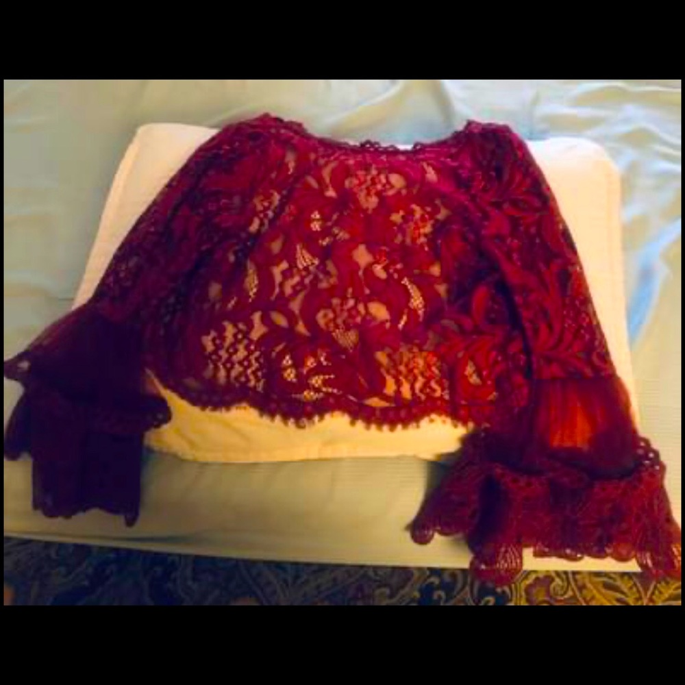 Patterned lace blouse with sheer ruffle sleeves. Zipper back. Sleek and sexy.